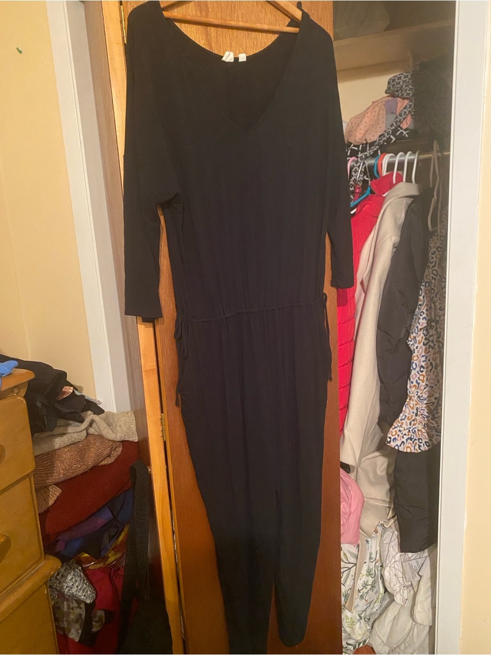 GAP Women’s Black V-Neck Jumpsuit | Drawstring Waist | 3/4 Sleeve - Picture 2 of 11